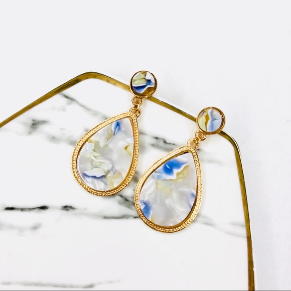 ORNAMENTAL STONE Jewelry - AVA MARBLE ACRYLIC GOLD DROP EARRINGS BLUE WHITE